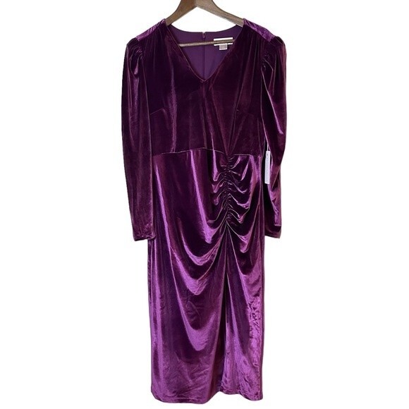 Rachel Parcell Purple Midi Dress Long sleeve stretch velvet sheath Sz Large - Picture 4 of 13